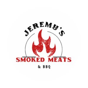 The circular logo for Jeremy's Smoked Meats & BBQ in front of a video of delicious smoked meats on a grill